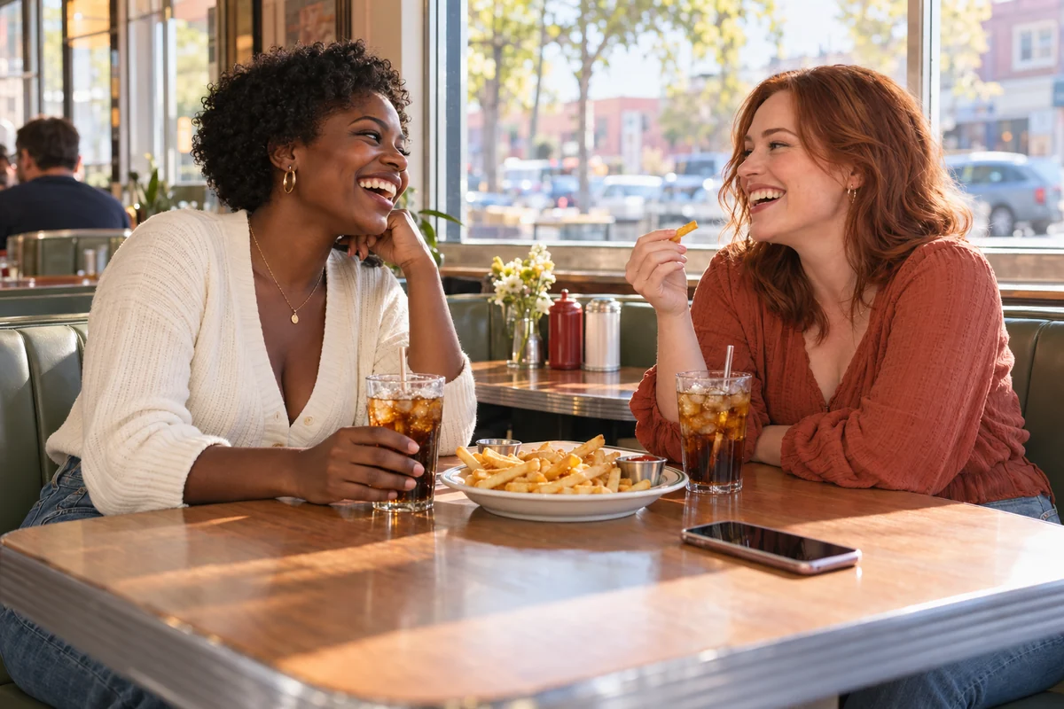 Two best friends laughing across a diner table over a shared plate of fries.