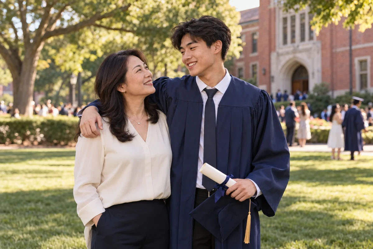 A proud mother celebrating with her son in his graduation gown on campus.