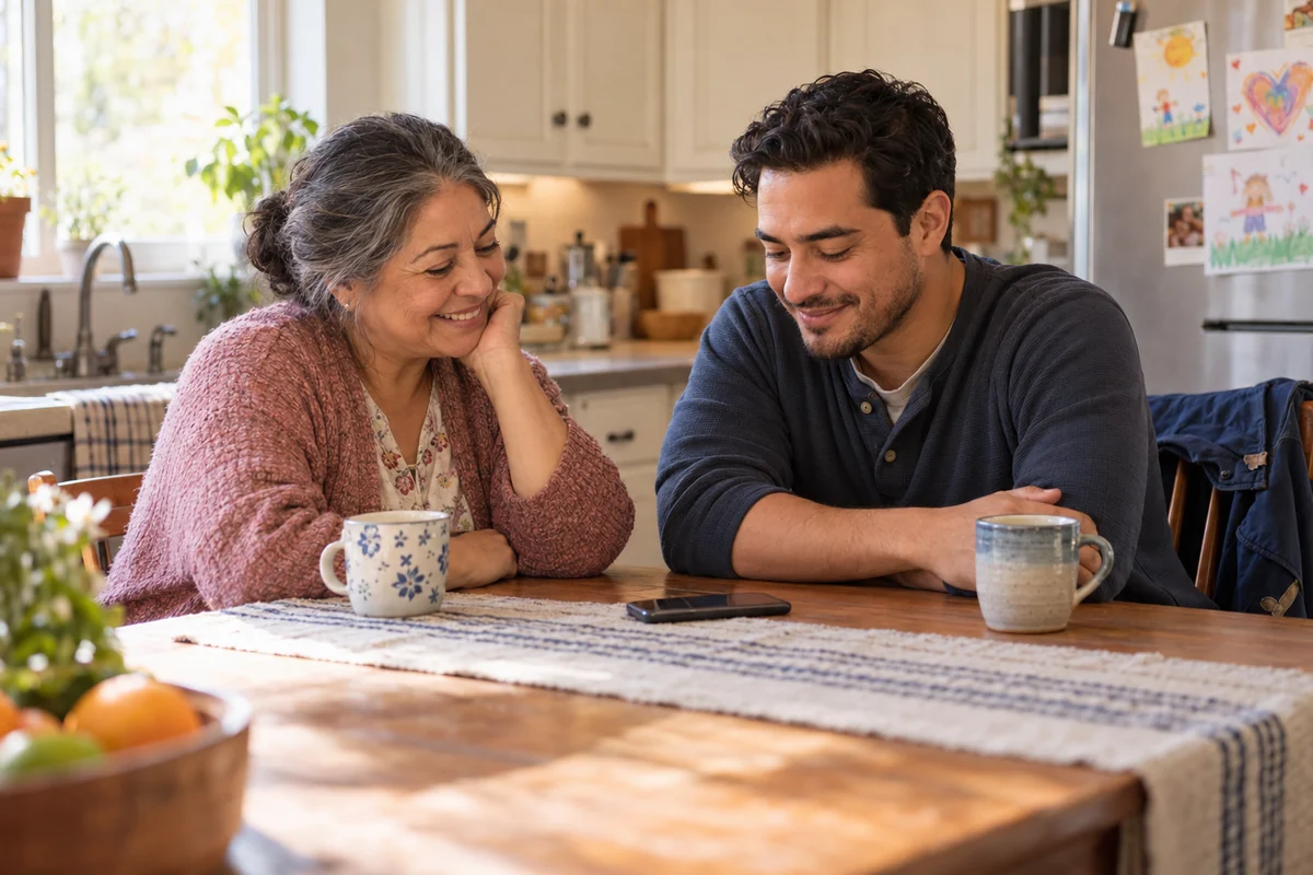 A mother and her adult son sharing a listening moment at the kitchen table.