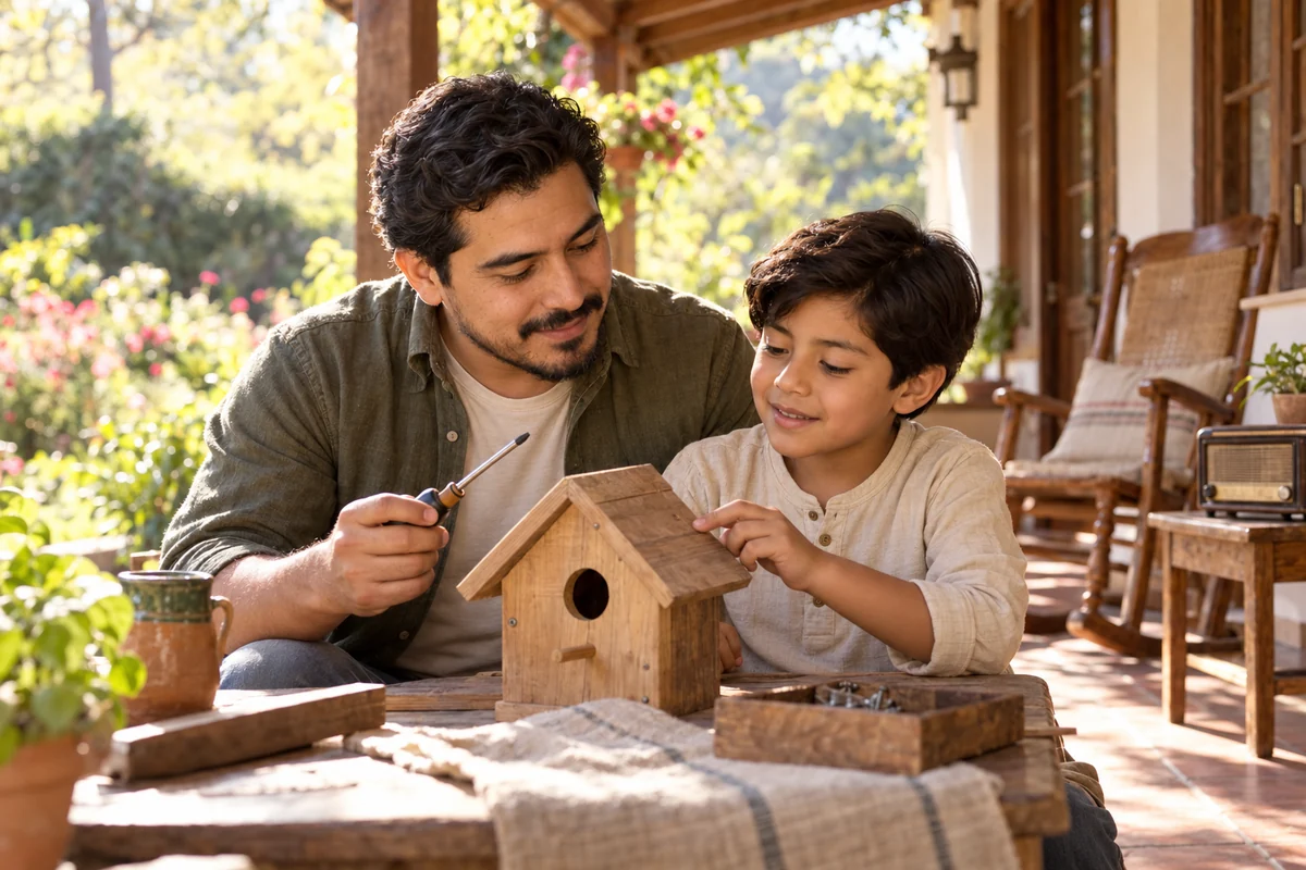 A father sharing his grandfather’s tools with his young son beside an empty porch chair and an old radio.