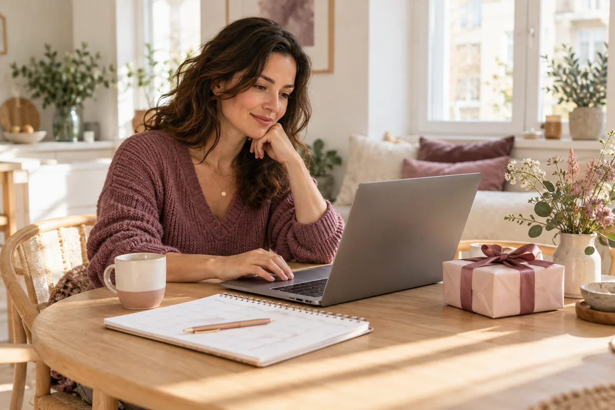 Planning a personal gift with a laptop, calendar and wrapped present