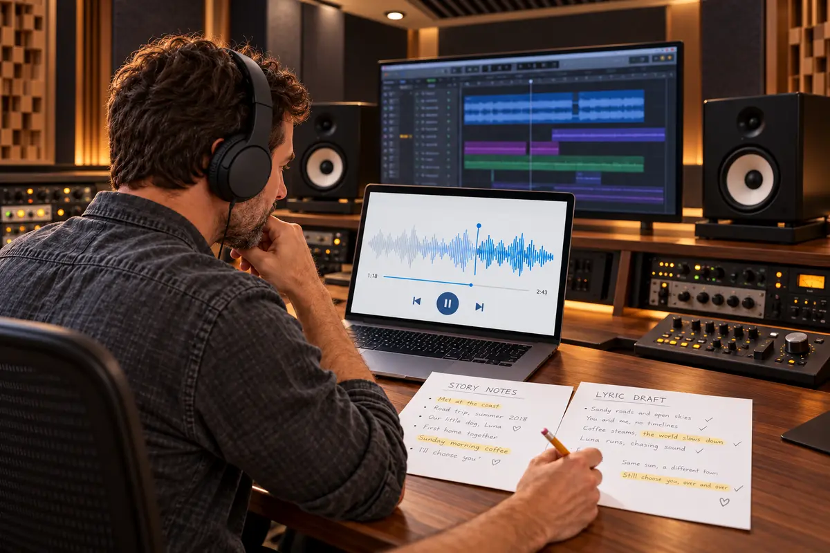 A creator reviewing a song, story notes and lyric draft in a professional production studio