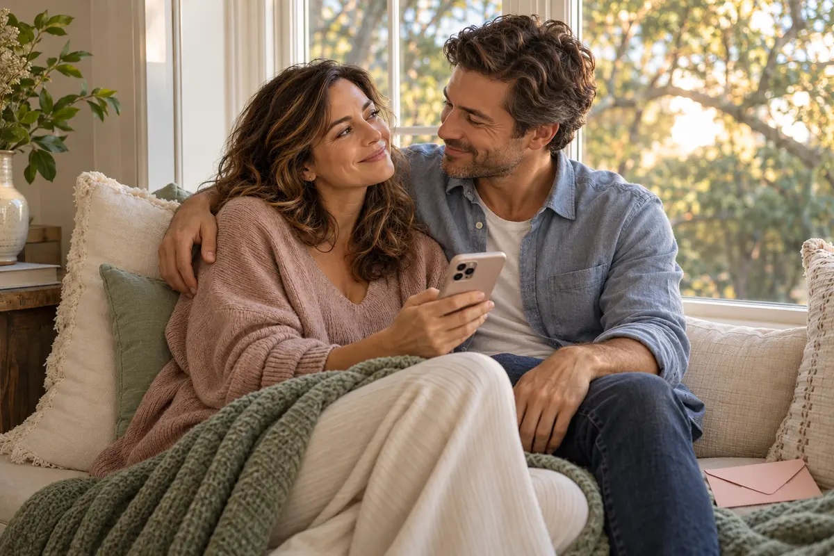 A couple sharing a first listen to their personalized song in a sunlit window seat