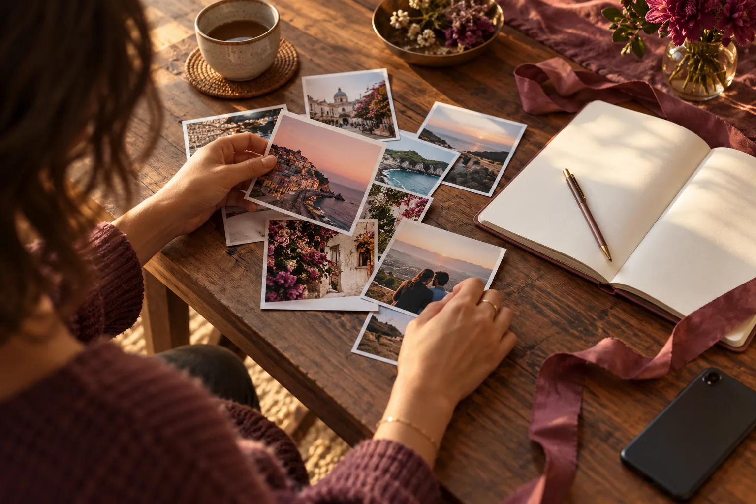 Someone sorting through personal photos beside an open notebook